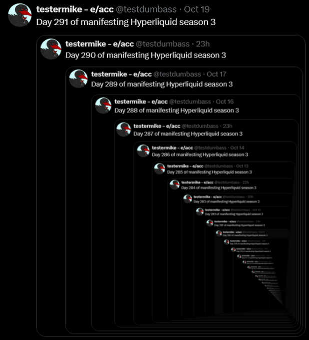A screenshot of recursive nested tweets by "testermike - e/acc" (@testdumbass) showing "Day 291 of manifesting Hyperliquid season 3" with previous days nested within.