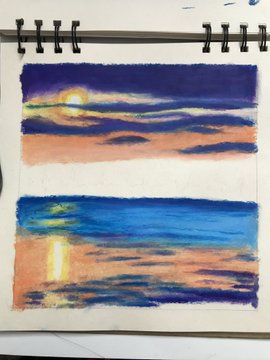 A sketchbook page showing two small sunset/ocean seascape paintings rendered in blue and orange pastels.