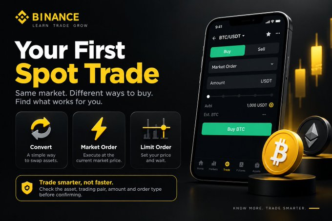 A Binance cryptocurrency promotional graphic titled 'Your First Spot Trade' showing a smartphone interface for BTC/USDT trading with options for Convert, Market Order, and Limit Order, alongside Bitcoin and Ethereum coins.