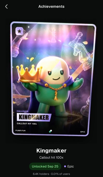 A mobile app screenshot showing an 'Achievements' page with an Epic card titled 'Kingmaker' for 'Callout hit 100x' on PUMP.FUN, unlocked Sep 25 by 6.4K holders.