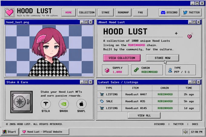 The image shows the Hood Lust website styled as a retro Windows desktop, displaying a pink-haired anime girl NFT from the 1,000 supply collection on the Robinhood chain, alongside a "Stake & Earn" panel featuring $TSLA, $NVDA, and $AAPL stock tokens—visually teasing the upcoming Stake feature referenced in the post.
