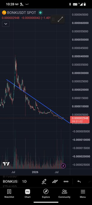 A cryptocurrency trading chart on TradingView showing BONKUSDT (BONK/USDT) on a 1D timeframe, displaying a downtrend with a value of 0.000002948.