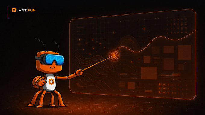 A cartoon ant mascot wearing blue goggles and holding a pointer stick gestures toward a glowing orange data visualization dashboard featuring wave patterns, bar charts, and grid layouts. The "ANT.FUN" logo appears in the top-left corner, and the mascot uses its pointer to highlight a specific data point on the analytics interface.

The image reinforces the post by visually representing the act of examining and verifying data—symbolizing how different views on the ANT.FUN platform can help users answer different questions through clear, interactive analytics.