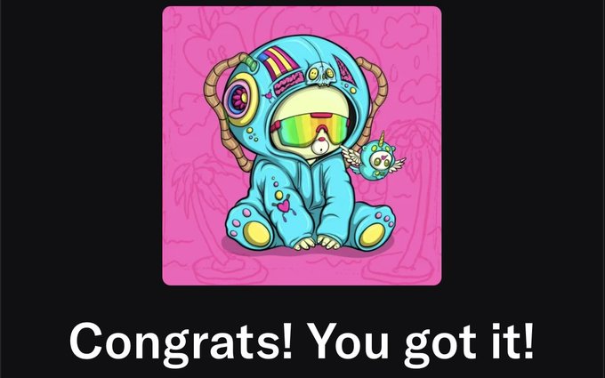 A cartoon character in a teal astronaut-like suit with rainbow goggles sits on a pink background with hearts, holding a small winged creature, with the text 'Congrats! You got it!' below.