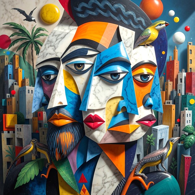 A colorful, cubist-style painting featuring fragmented faces in blue, orange, and white, surrounded by lizards, a bird, palm trees, and a vibrant cityscape.