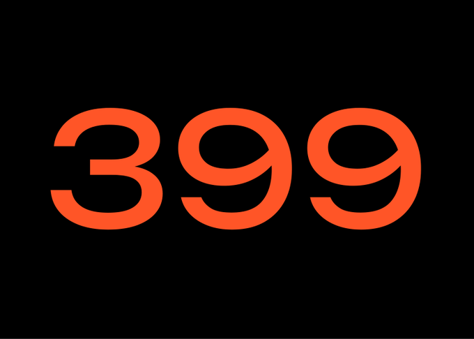 A minimalist graphic shows the number '399' in large red font against a solid black background.