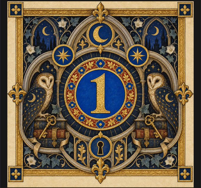 A decorative, gothic-style ornamental illustration featuring a large golden number '1' on a blue circular background, flanked by two owls, crescent moons, stars, and antique books with keys, rendered in navy blue and gold.