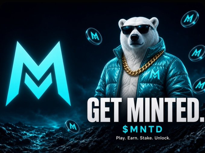 A promotional image featuring a polar bear wearing sunglasses, a gold chain, and a puffy jacket next to a teal 'M' logo, with text 'GET MINTED. $MNTD Play. Earn. Stake. Unlock.'