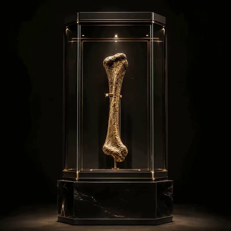 The image features a large bone relic, possibly an ancient skeleton or a dinosaur bone, displayed inside a glass case with gold trim. The bone is positioned at the center of the display, drawing attention as the main subject. The background appears to be black, which contrasts with the bone and makes it stand out even more. The post includes text that reads "Bone Relic Velociraptor. 127/1111. Coming to @ethereum soon." This suggests that the image is related to a discussion or exhibition about ancient bones or dinosaur remains, possibly in an online context like a social media platform or a blog.