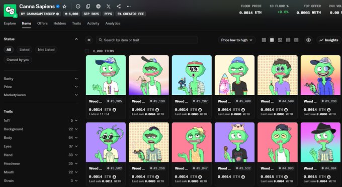 Screenshot from the Canna Sapiens NFT collection showing 6,000 items with floor prices ranging from 0.0014 ETH to 0.0015 ETH, highlighting concerns about the Sappy Seals team's profitability.