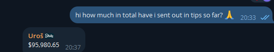 A Telegram chat shows the user asking "hi how much in total have i sent out in tips so far?" at 20:33, followed by a response from the Uroš bot displaying a total of **$95,980.65** sent out in tips as of 20:37. The screenshot visually confirms the $95,980 tipping total mentioned in the promotional post about the affiliate code "kingkulbik" and its perks.