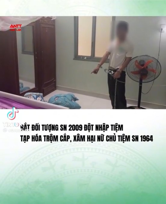 A news still from ANTT showing a suspect in handcuffs, with Vietnamese text reading 'SÁT ĐỒI TƯỢNG SN 2009 ĐỘT NHẬP TIỆM TẠP HÓA TRỘM CẮP, XÂM HẠI NỮ CHỦ TIỆM SN 1964'.