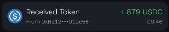 The image shows a message with a lot of text about an EOS reward system. The main information displayed in the image indicates that the user has received a token, which can be redeemed for USDC. The reward amount seems to be quite significant, as it is described as a "bigger than 879.USDC" amount.