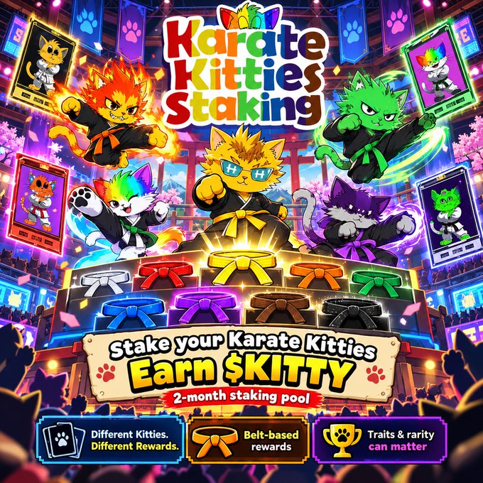 A promotional graphic for 'Karate Kitties Staking' featuring colorful cartoon karate cats in gi uniforms with colored belts, advertising a 2-month staking pool to earn $KITTY with belt-based rewards.
