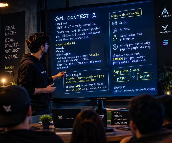 A presentation scene titled 'GM. CONTEST 2' with text about Alchemify, $ANSEM, and BullpenFi, with side panels reading 'REAL USERS. REAL UTILITY. NOT JUST A GAME.' and 'What mainnet needs:'.
