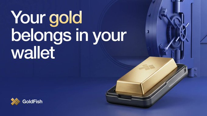 An advertisement for GoldFish reading "Your gold belongs in your wallet" in large text. The right side shows a gold bar resting on a wallet in front of an open blue vault door.