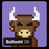 A pixel art image of a brown bull character with white horns and a gold nose ring on a purple background, labeled 'Bulltoshi 26'.