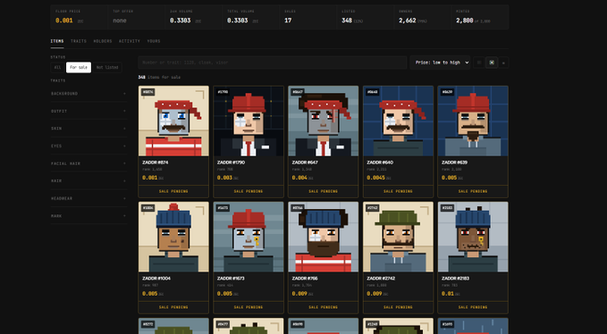 A screenshot of an NFT marketplace showing pixel-art pirate avatar characters labeled with 'ZADOK' names and prices listed in ETH, including ZADOK #074, #1790, #647, #640, and #639.