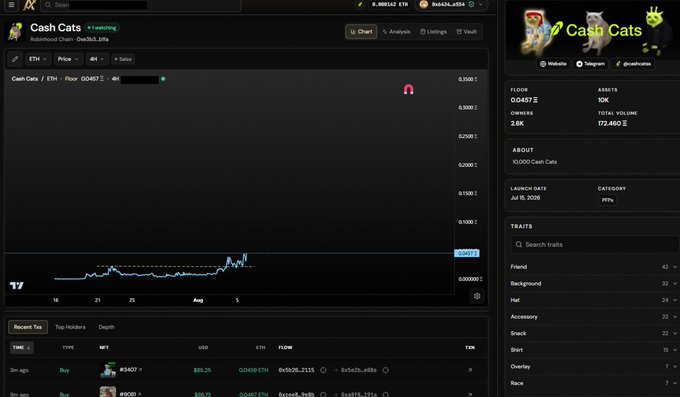 A cryptocurrency analytics website (likely DexScreener) showing a token called "Cash Cats" with launch date July 15, 2026, and a price chart on the DEXTools platform.