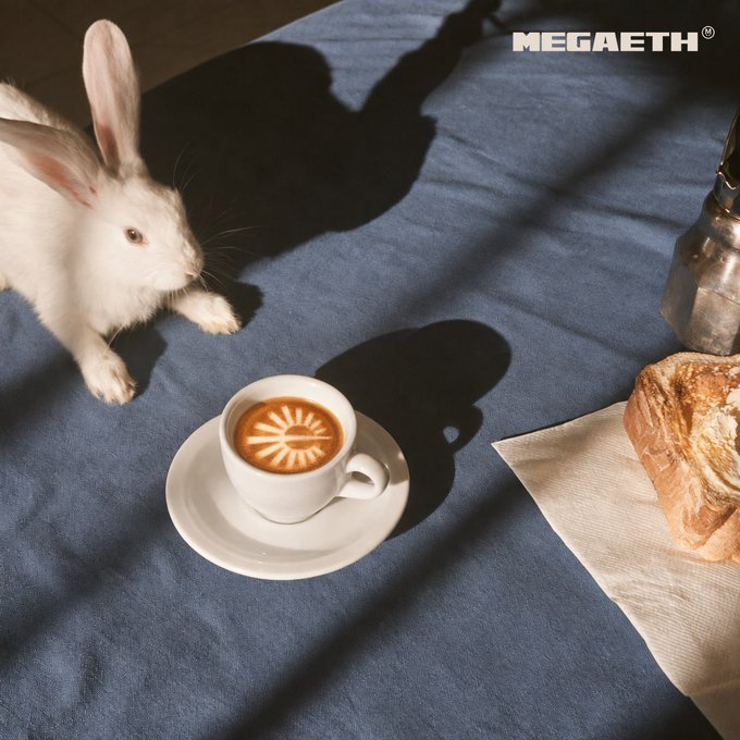A white rabbit rests on a navy blue blanket next to a cup of cappuccino with latte art and a croissant, with 'MEGAETH®' written in the top right corner.