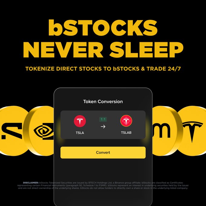 The image is a promotional graphic featuring the bold headline "bSTOCKS NEVER SLEEP - TOKENIZE DIRECT STOCKS TO bSTOCKS & TRADE 24/7," alongside a Token Conversion interface showing a 1:1 conversion from TSLA to TSLAB with a Convert button, visually reinforcing the post's message of tokenizing stocks 1:1 for flexible wallet withdrawals.
