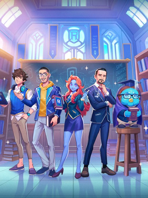 A group of five animated characters—four human educators and a penguin in academic attire—stand together in a school-like hall, each holding a tablet or book displaying a shield "R" logo that matches the banner above them, celebrating World Teachers' Day by honoring both traditional educators and the platform's community creators who teach and guide players.