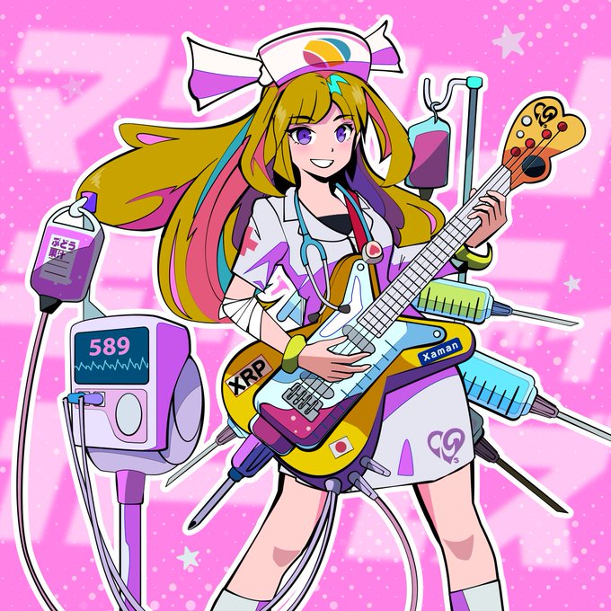 An anime-style illustration depicts a colorful character with blonde and rainbow hair wearing a nurse outfit, holding a guitar that has 'XRP' and 'Xaman' labels on it.