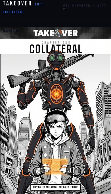A comic book-style cover titled 'TAKEOVER: CHAPTER ONE COLLATERAL' features a boy with a glowing orange book and a robotic figure with green goggles holding a rifle, set against a ruined cityscape. The caption reads 'THEY CALL IT COLLATERAL. SHE CALLS IT HOME.'