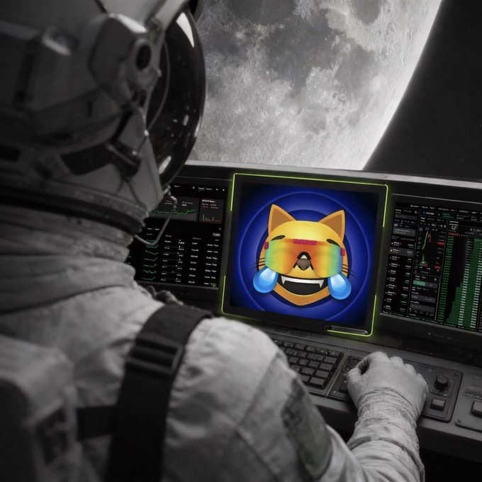 A black-and-white photo of an astronaut looking at the moon from a spaceship cockpit, but the central console screen displays a brightly colored, laughing cat emoji wearing rainbow sunglasses.