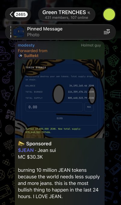 A Telegram message from a 'Green Trenches' group showing a screenshot of a 'TOKEN BURNER' interface for the JEAN token on SuiRekt, detailing balances and a burned total of 10,000,000 JEAN.