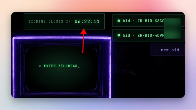 A digital interface showing a bidding countdown timer reading "BIDDING CLOSES IN 06:22:11" with a red arrow pointing to it, alongside existing bids labeled ZR-BID-K86C and ZR-BID-409F, and a prompt to "ENTER ZILKROAD_".