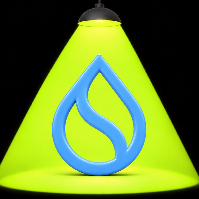 A blue stylized water droplet logo illuminated by a spotlight against a black background, casting a bright green glow.