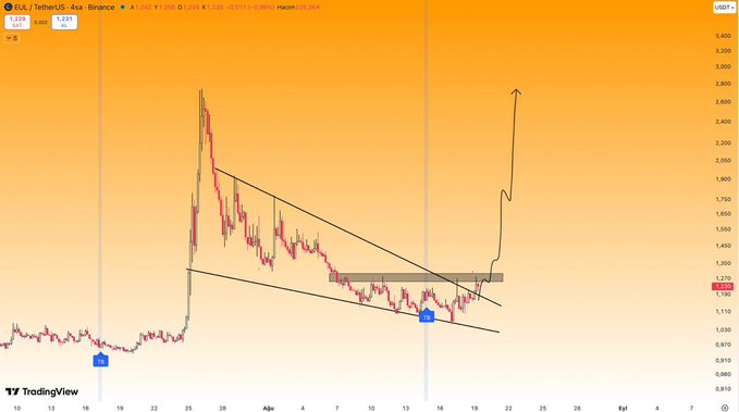 A 4-hour candlestick chart of EUL/USDT on Binance shows a falling wedge pattern with a breakout near $1.23, followed by a sharp upward surge, with the price trading at 1.229. The annotation "Nice chart" in the accompanying post appears to compliment this bullish breakout from the descending wedge formation.
