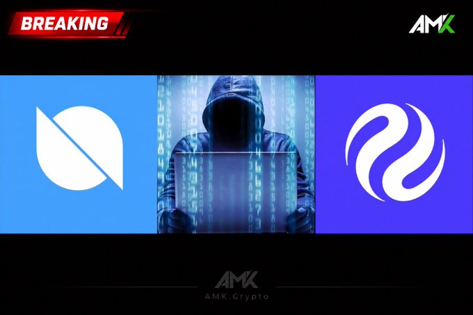 A breaking news graphic from AMK.Crypto featuring a hooded hacker working on a laptop, flanked by the logos for Near Protocol and another crypto project.