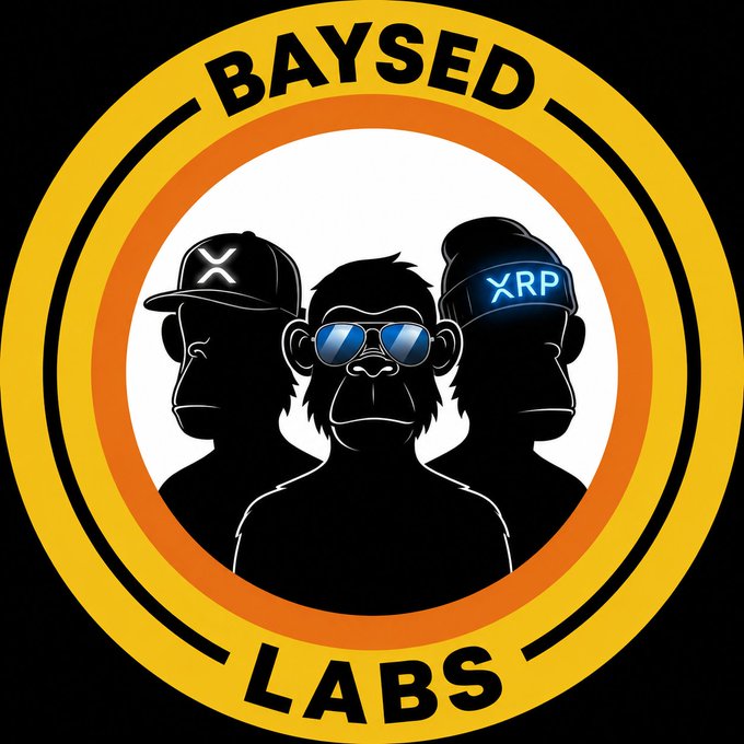 A circular yellow and orange logo for BAYSED LABS depicting a central monkey wearing sunglasses flanked by two silhouetted figures wearing caps marked with 'X' and 'XRP'.