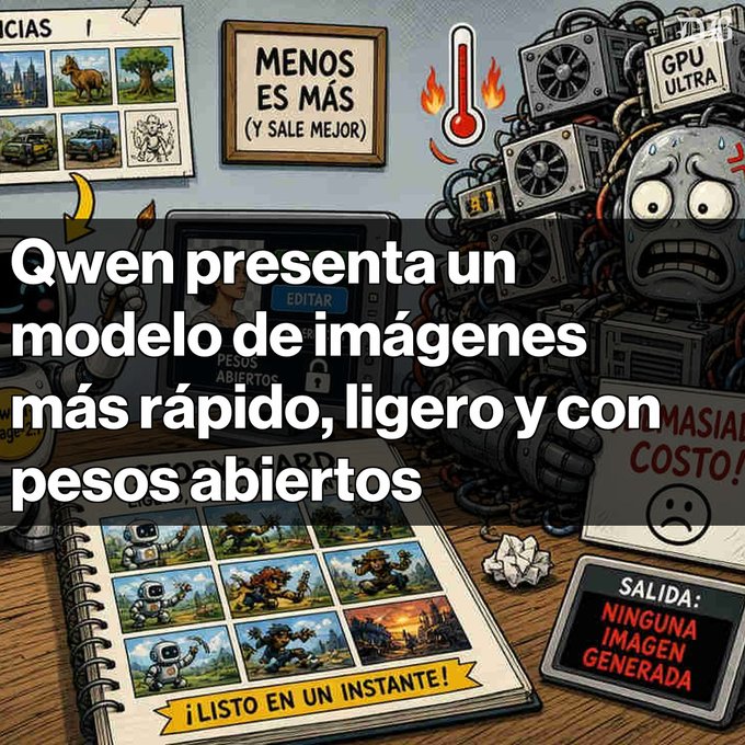 A Spanish-language cartoon illustration with text announcing that 'Qwen presenta un modelo de imágenes más rápido, ligero y con pesos abiertos' (Qwen presents a faster, lighter image model with open weights), set against a chaotic scene of overheated GPUs and a sketchbook of generated images.