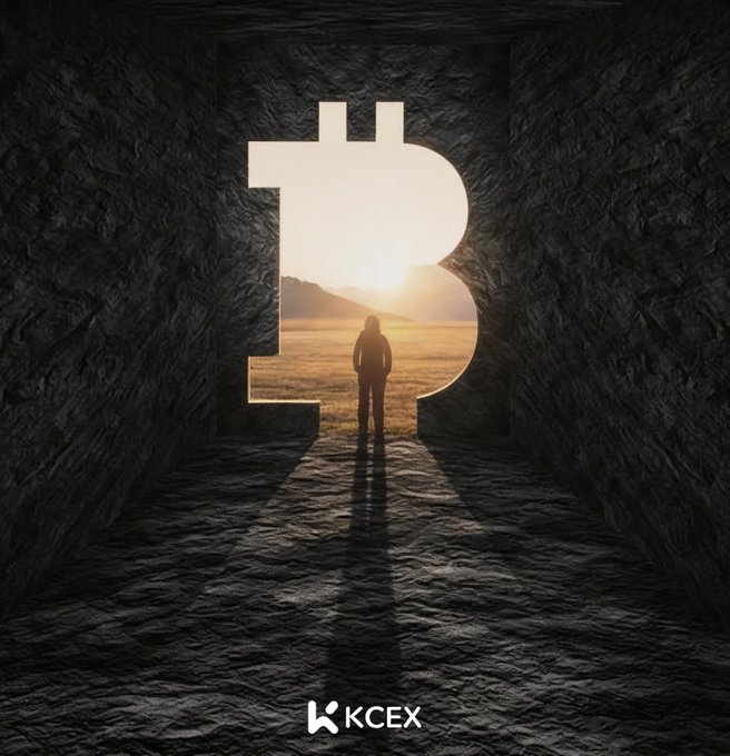 A silhouette of a person stands in a Bitcoin-shaped doorway looking out at a sunset landscape, with the text "KCEX" at the bottom.