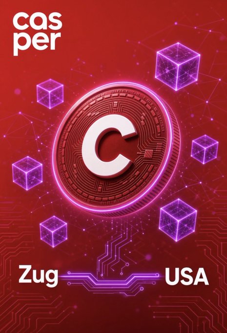 A stylized red digital graphic featuring the "cas per" logo and a glowing "C" cryptocurrency token, surrounded by purple neon blockchain cubes, with "Zug" and "USA" labeled at the bottom. The image promotes Casper Network's (CSPR) expansion into the U.S. market following its new membership in the Blockchain Association.