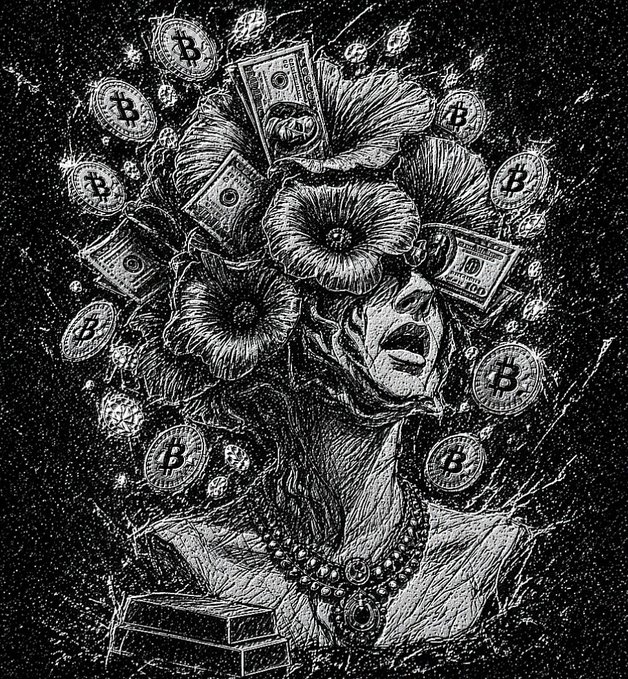 A haunting black-and-white illustration depicts a figure whose head transforms into a mass of flowers intertwined with U.S. hundred-dollar bills and Bitcoin coins, set against a speckled cosmic background. The imagery aligns with the caption "Looking For Genny Wealth" by symbolizing the all-consuming, mind-altering pursuit of money—blending traditional wealth (the $100 bills) with cryptocurrency (the Bitcoin tokens)—as a growing, overwhelming presence that overtakes one's identity.