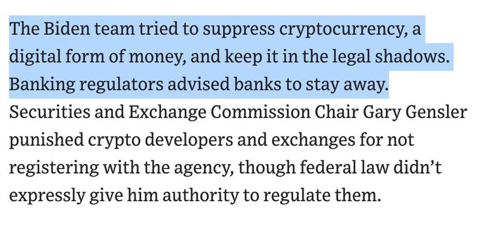 The image shows a highlighted excerpt claiming the Biden administration worked to suppress cryptocurrency, with SEC Chair Gary Gensler named for punishing crypto developers and exchanges without clear legal authority. The post frames this as evidence that big banks colluded with Biden to "strangle crypto," debank industry leaders, and target Trump, accusing the WSJ of whitewashing banks' complicity in this effort.