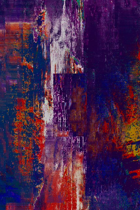 An abstract painting features a textured composition of vertical brushstrokes in deep purple, red, blue, and white tones.