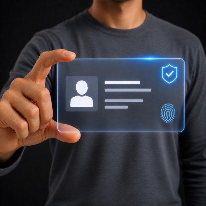 A person in a dark gray shirt holds up a glowing blue holographic ID card featuring a profile silhouette, text lines, a security shield, and a fingerprint symbol, visually representing the digital identity verification measures discussed in the post about the Bank Policy Institute's request to FinCEN to extend customer ID requirements to secondary stablecoin markets in order to combat illicit activity.