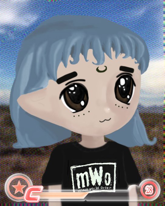 An animated avatar of a character with blue hair, large eyes, and a black 'mWo' (military world order) t-shirt is shown in a video interface.