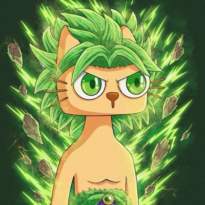 An AI-generated anime-style character resembling a cat-like humanoid with spiky green hair, large green eyes, and a green-leafed outfit, set against a dynamic green energy background.