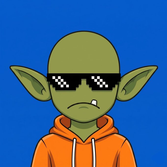 A cartoon illustration of a green goblin-like character with pointed ears, wearing pixelated 'deal with it' sunglasses and an orange hoodie against a blue background.
