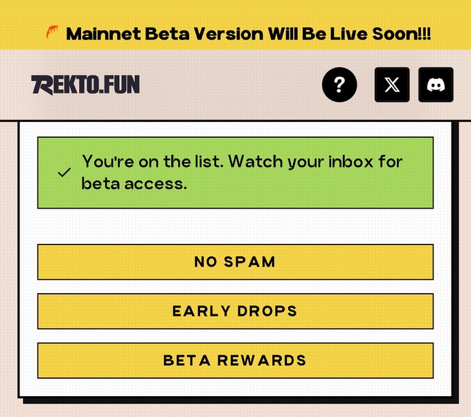 A promotional webpage for Rekto.fun announcing that the Mainnet Beta Version will launch soon, confirming the user is on the beta access list with benefits including no spam, early drops, and beta rewards.
