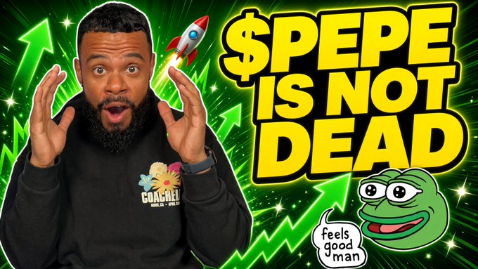The image is a YouTube thumbnail featuring a surprised-looking man in a black "COACHED" hoodie with his hands raised, set against a green space-themed background with rising arrows, a rocket ship, and the Pepe the Frog meme saying "feels good man." Large yellow text reads "$PEPE IS NOT DEAD," directly conveying the post's message that the PEPE cryptocurrency is showing signs of recovery or bullish momentum.
