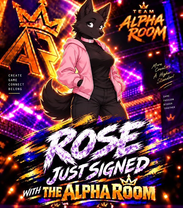 A vibrant promotional graphic featuring an anthropomorphic black cat character in a pink hoodie, with text reading 'TEAM ALPHA ROOM' and 'ROSE JUST SIGNED WITH THE ALPHA ROOM'.