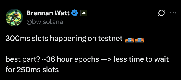 The image shows a tweet from Brennan Watt (@bw_solana) celebrating that "300ms slots [are] happening on testnet," noting the best part is the ~36 hour epochs leading to 250ms slots. This aligns with the milestone of Solana achieving faster slot times on testnet as part of the SIMD-0525 rollout to reduce target slot times.