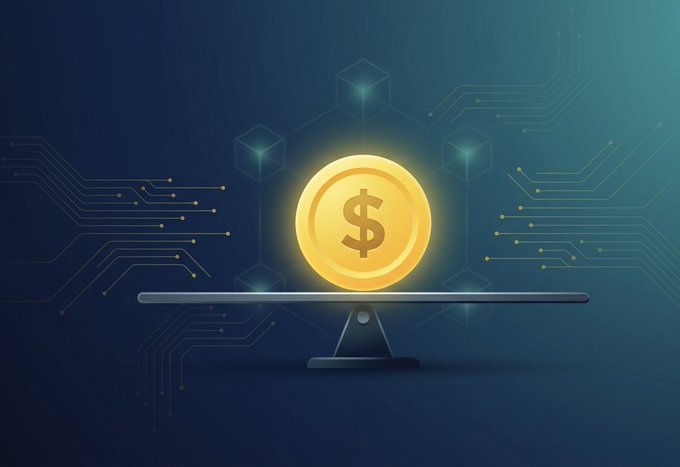 A glowing gold dollar coin featuring a "$" symbol balances perfectly on a digital scale against a blue circuit board background, symbolizing the balance between traditional currency and digital assets. This visual represents the stability concept behind stablecoins like USDT and USDC, illustrating how they serve as a crucial bridge between fiat money and the crypto ecosystem.